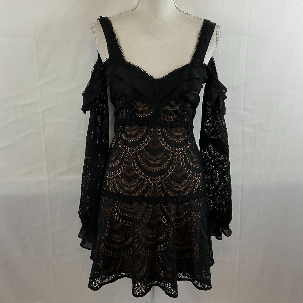For Love & Lemons Dress S Black Lace Nude Underlay Sweetheart Neckline